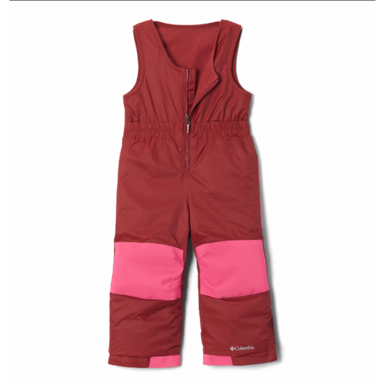 Red and pink snow bib with Columbia logo on a white background
