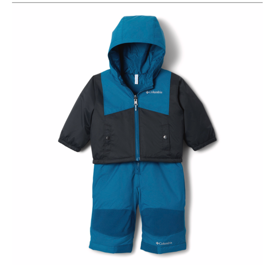 Two-tone blue and black snowsuit with hood on a white background