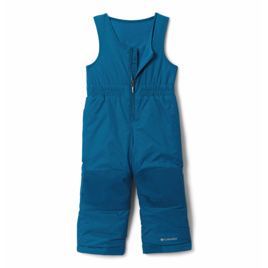 Blue snow bib with Columbia logo on a white background
