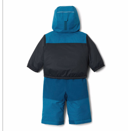 Back side of Blue and black children's snowsuit on a white background