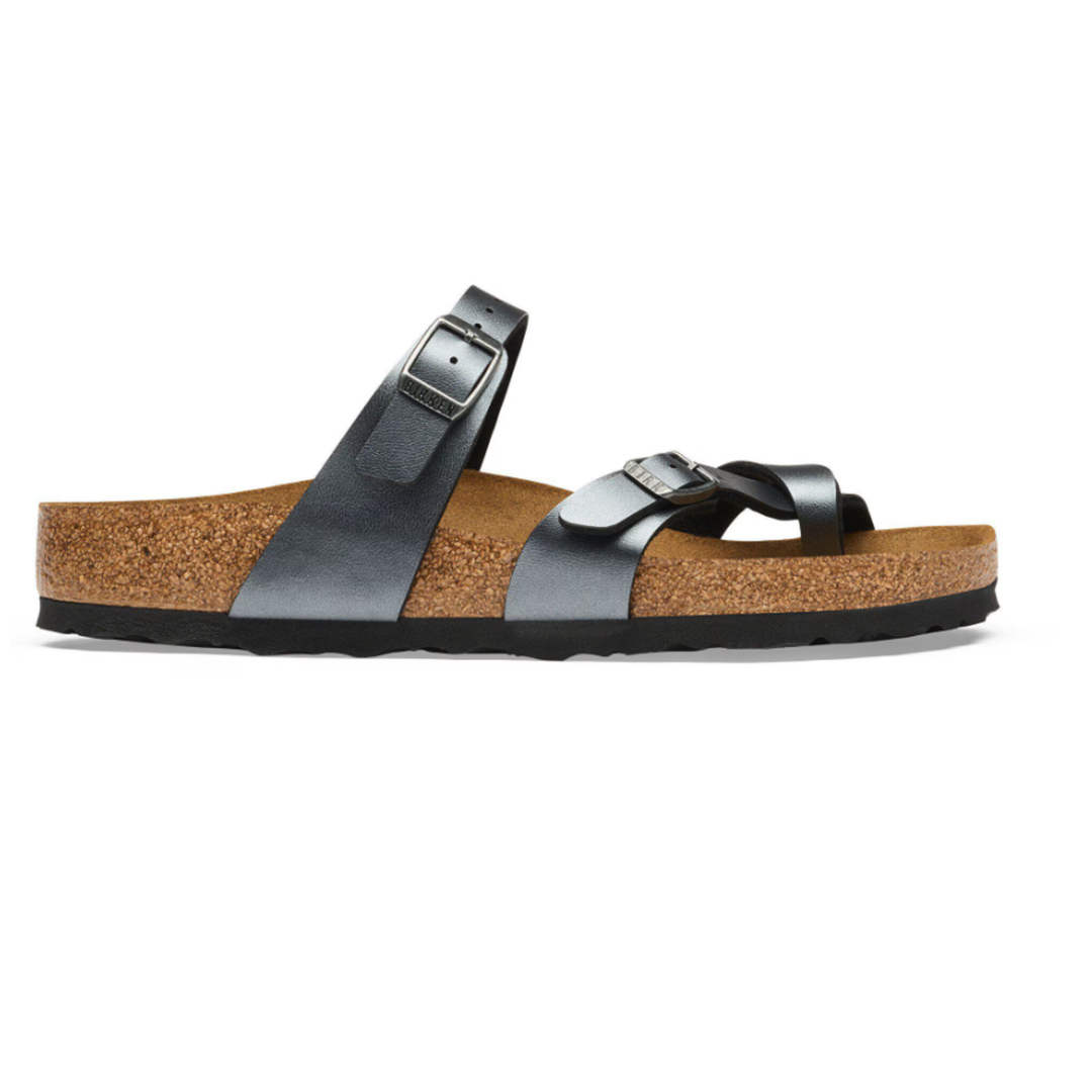 Metallic Black sandal with cork sole on a white background