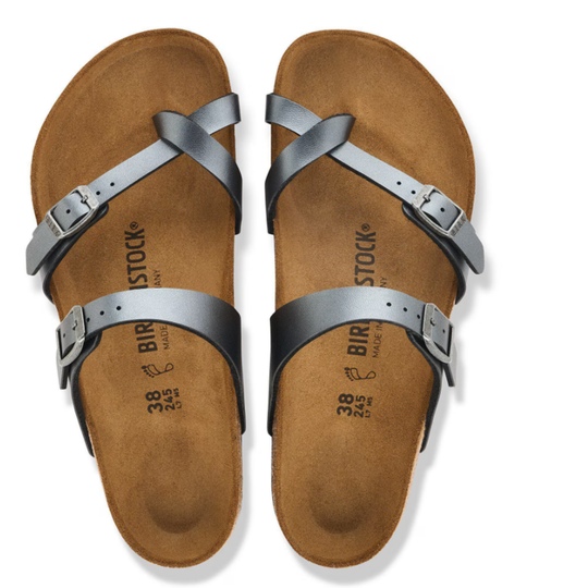 Pair of brown sandals with Metallic Black straps on a white background