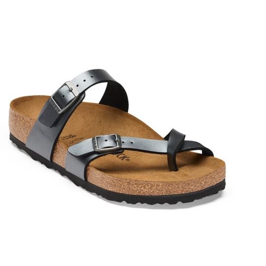 Birkenstock sandal with cork sole and metallic black  straps on a white background