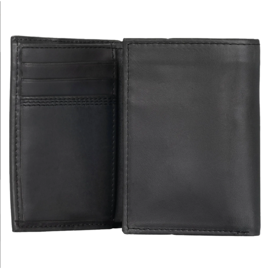 Black leather wallet open on a white background