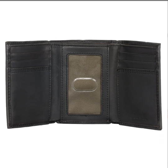 Black leather wallet with a card holder on a white background