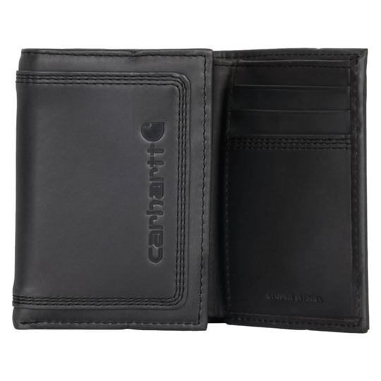 Black leather wallet with Carhartt logo on a white background