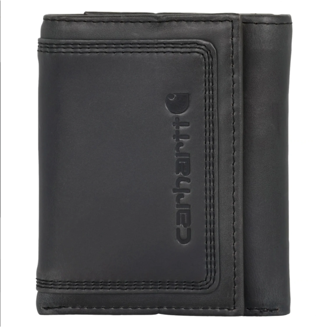 Black leather wallet with Carhartt logo on a white background