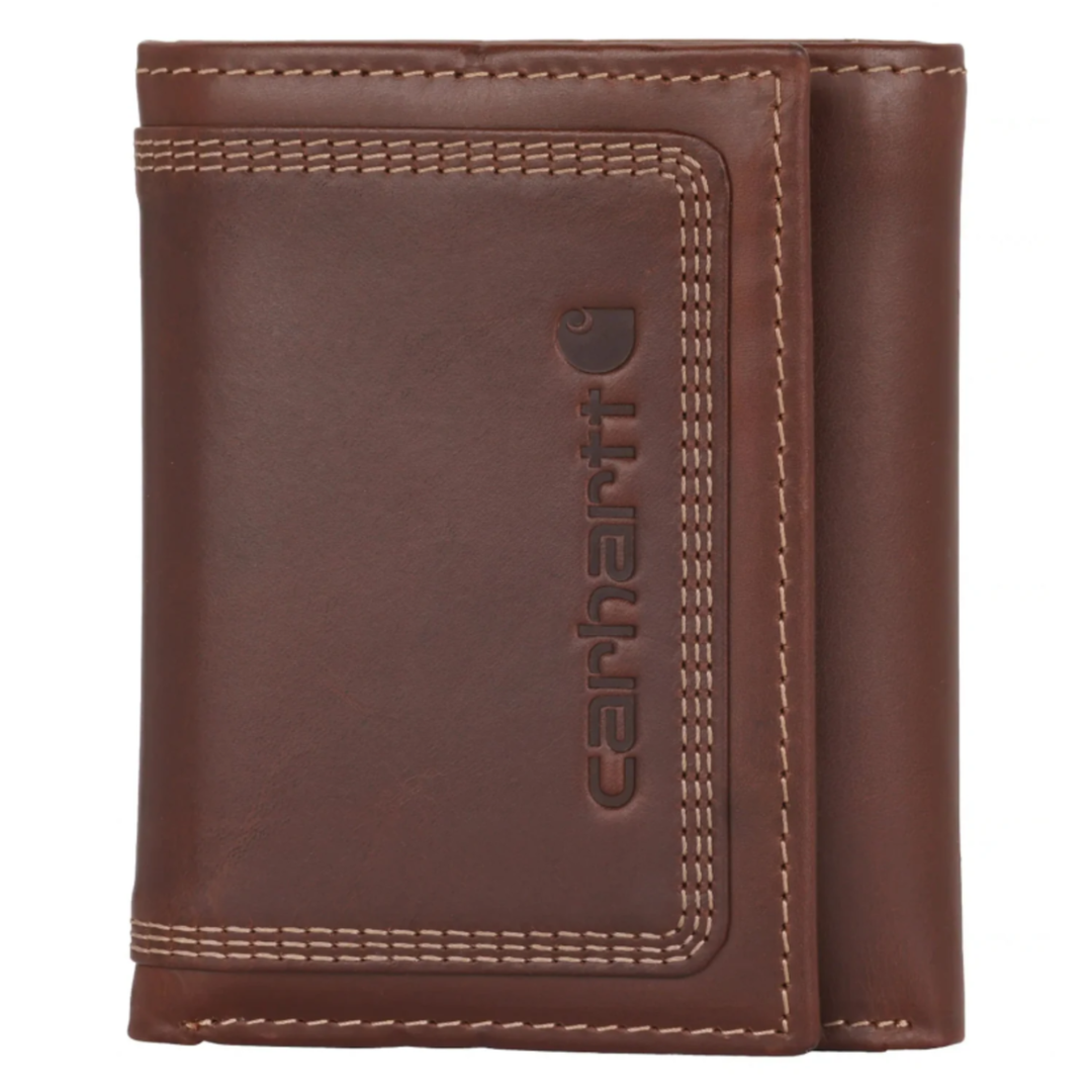 Brown leather wallet with Carhartt logo on a white background