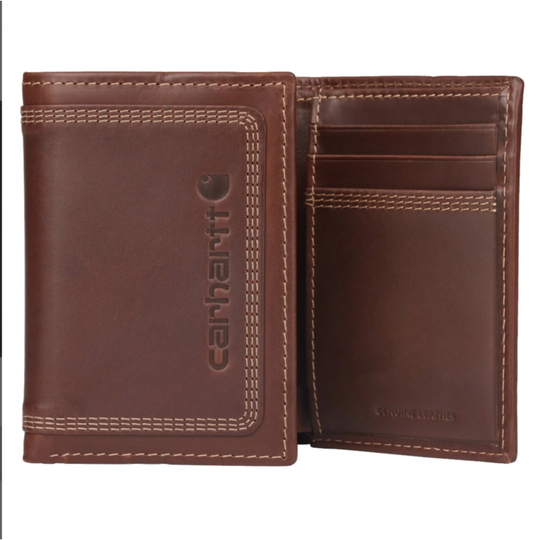 Brown leather wallet with Carhartt logo on a white background