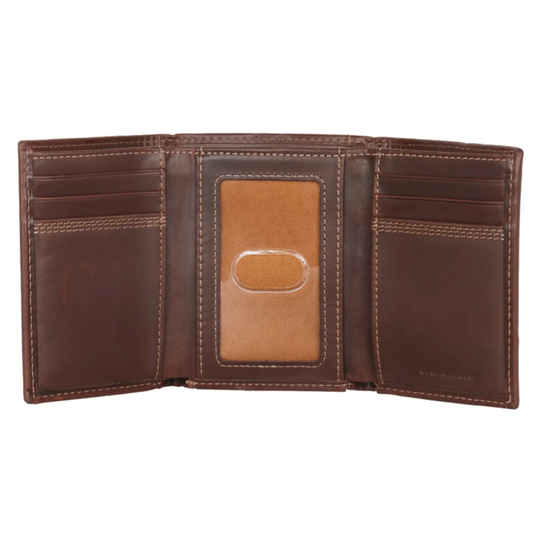Brown leather wallet with visible stitching on a white background