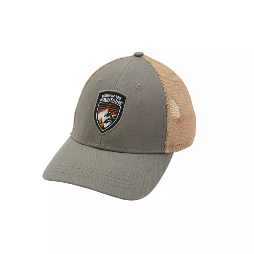 Gray and beige cap with a patch on a white background