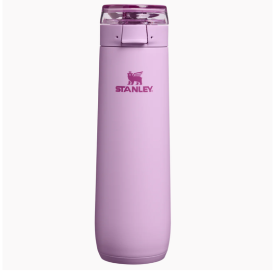 Pink water bottle with Stanley Logo front side
