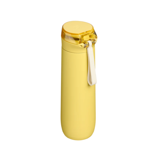 Yellow water bottle with a white strap on a white background