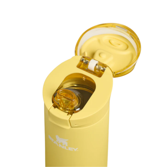 Yellow water bottle with a white lid on a white background