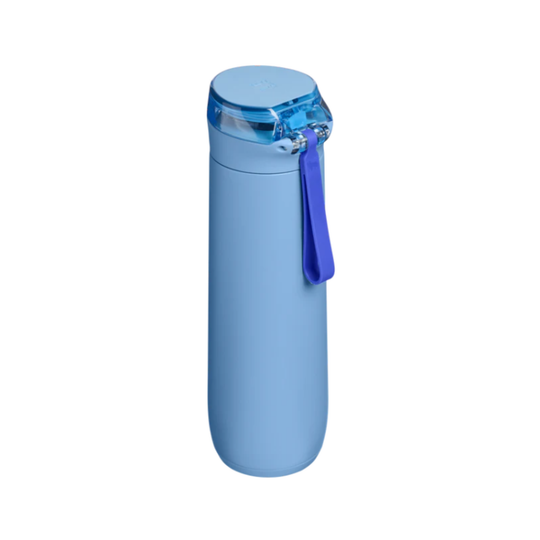 Blue water bottle with a blue handle on a white background