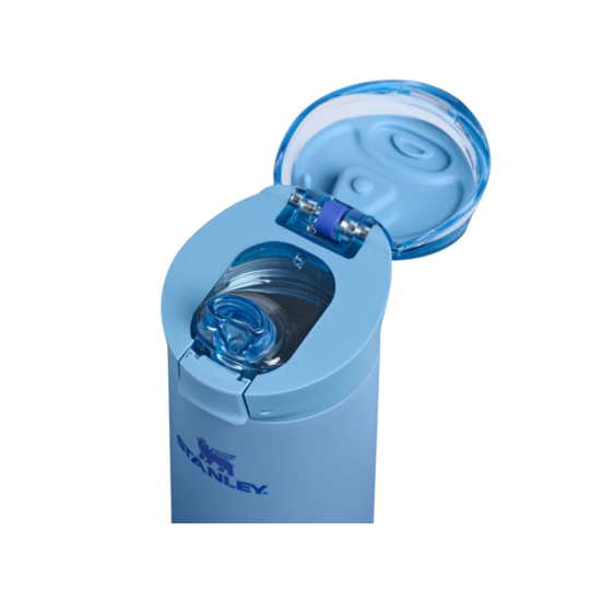 Blue water bottle with transparent lid on a white background