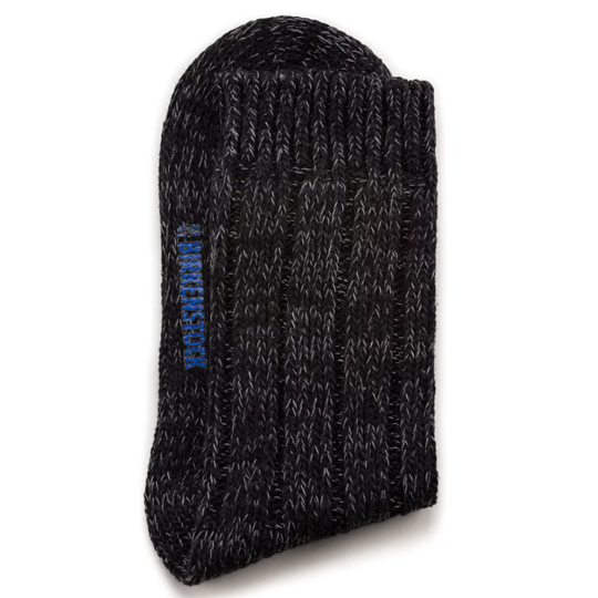 Black knit sock with a blue brand logo on a white background