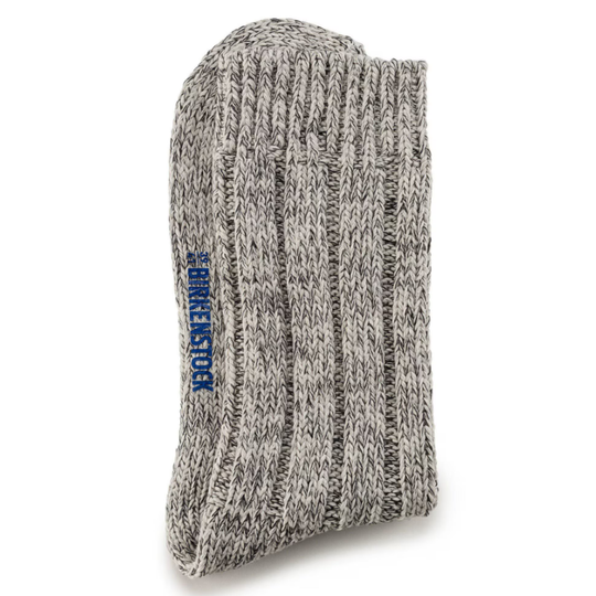Gray knit sock with blue logo on a white background