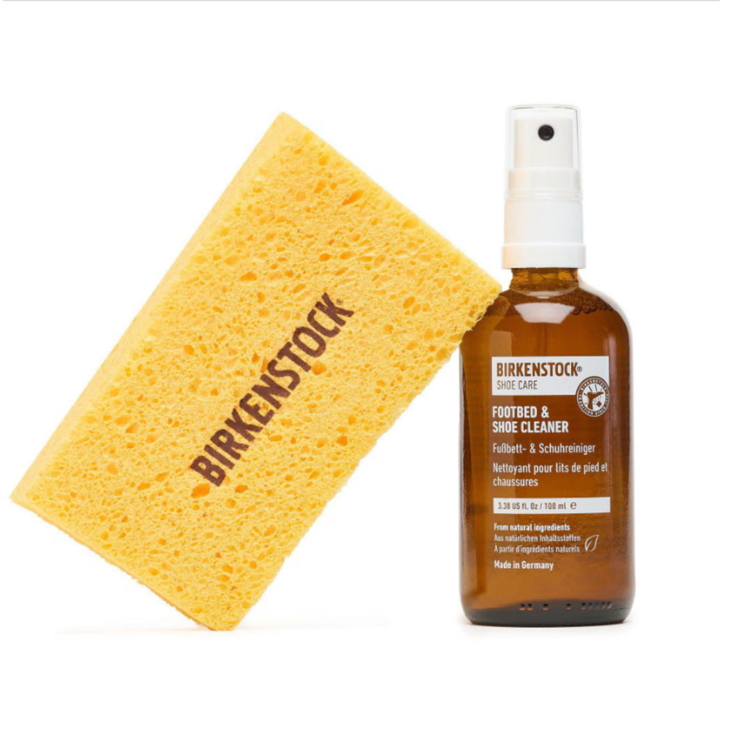 Birkenstock footbed and shoe cleaner with a sponge on a white background
