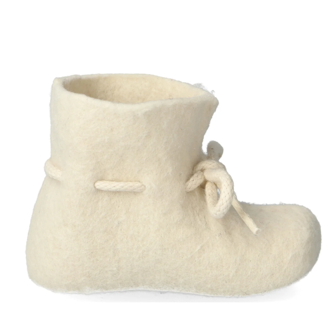 Beige baby bootie with a drawstring on a white background