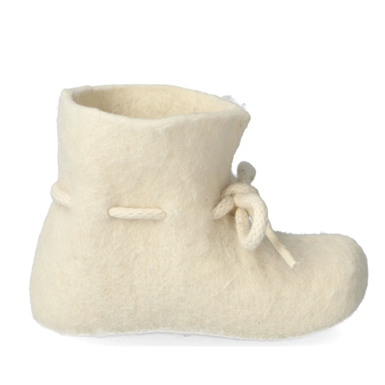 Beige baby bootie with a drawstring on a white background