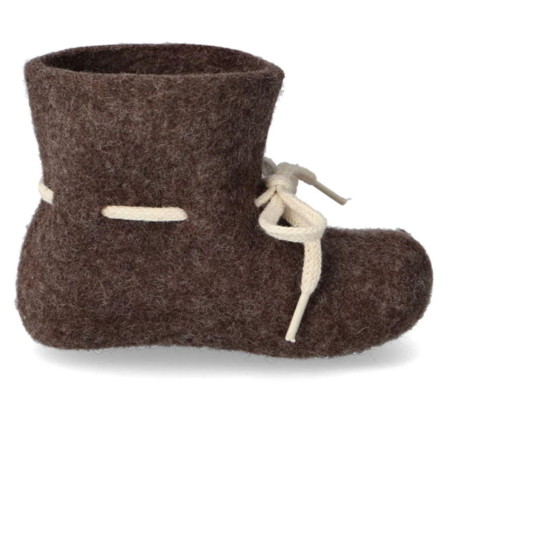 Brown felted boot with white laces on a white background