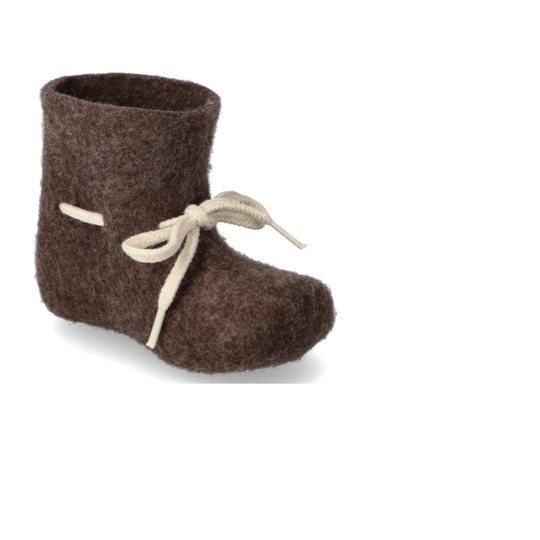 Brown baby boot with white lace on a white background