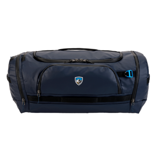 Navy blue duffel bag with a logo on a white background