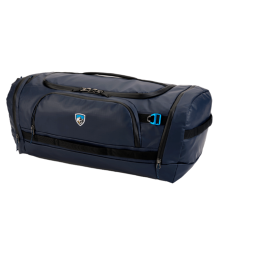 Blue duffel bag with a brand logo on a white background