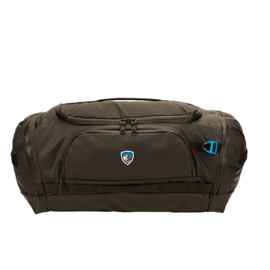 Black duffel bag with a logo on a white background