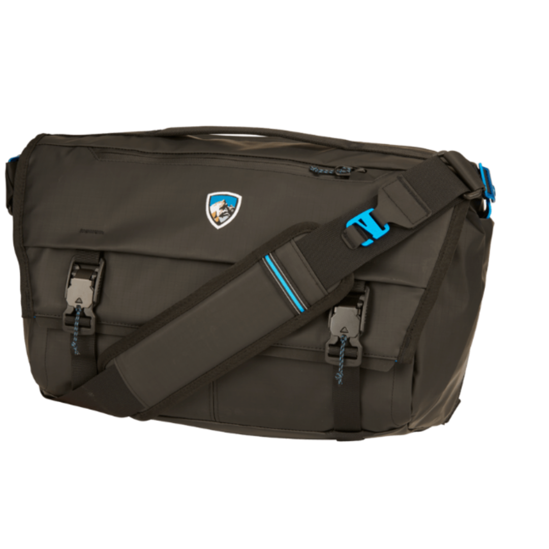 Black messenger bag with blue accents on a white background