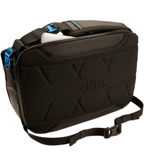 Black KUHL bag with a strap on a white background