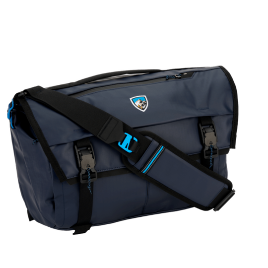 Blue messenger bag with black strap on a white background