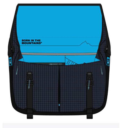 Backpack with blue top section and black bottom section, featuring 'Born in the Mountains' text.
