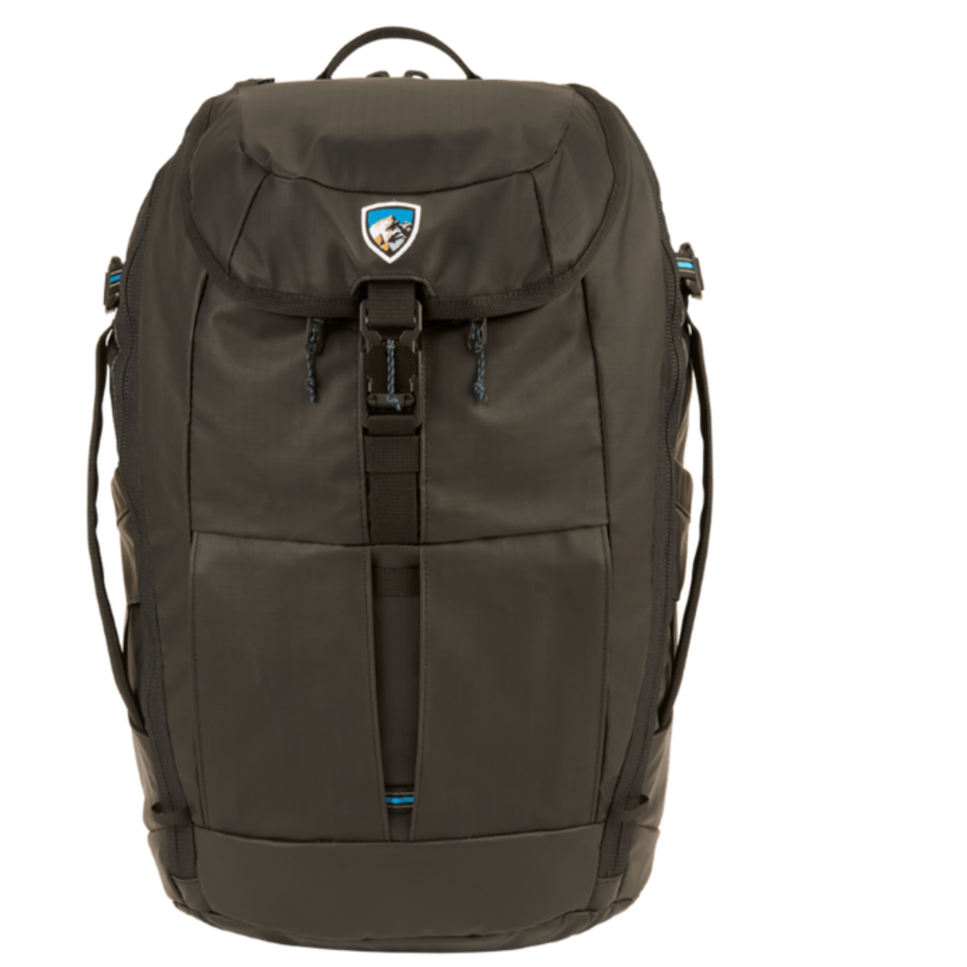 Black backpack with a visible brand logo on a white background
