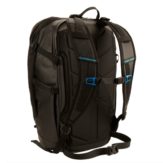 Black backpack with blue accents on a white background