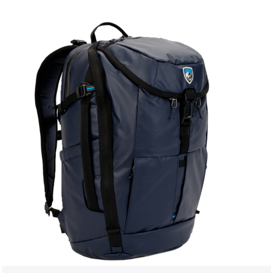 Blue backpack with black straps on a white background