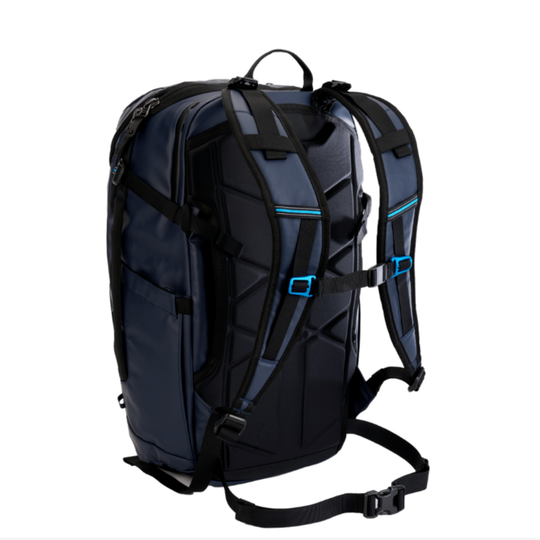 Black and blue backpack on a white background