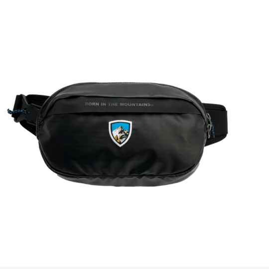 Black waist bag with a logo and text on a white background