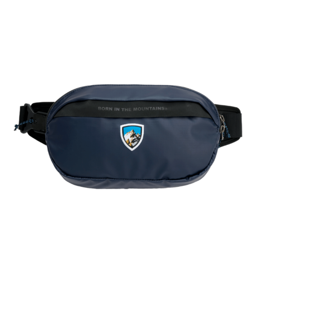 Navy blue waist bag with a logo on a white background