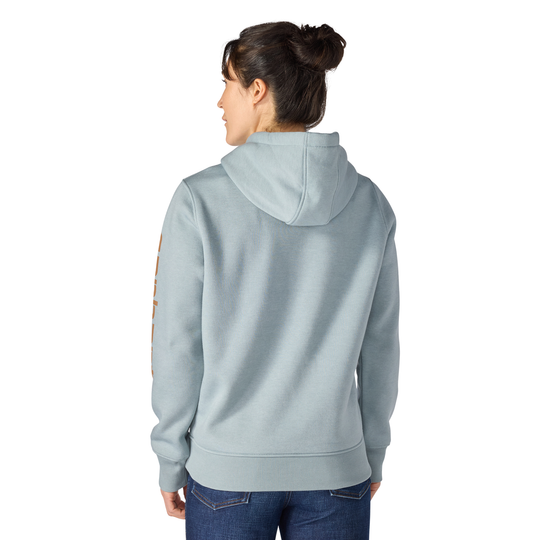 Person wearing a light gray hoodie on a white background