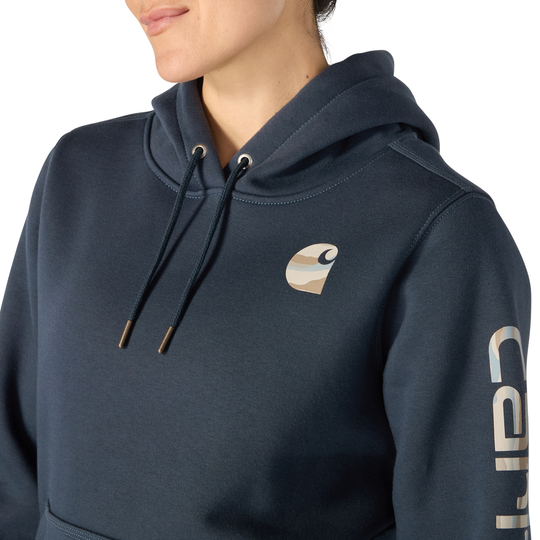 Navy hoodie with Carhartt logo on a white background