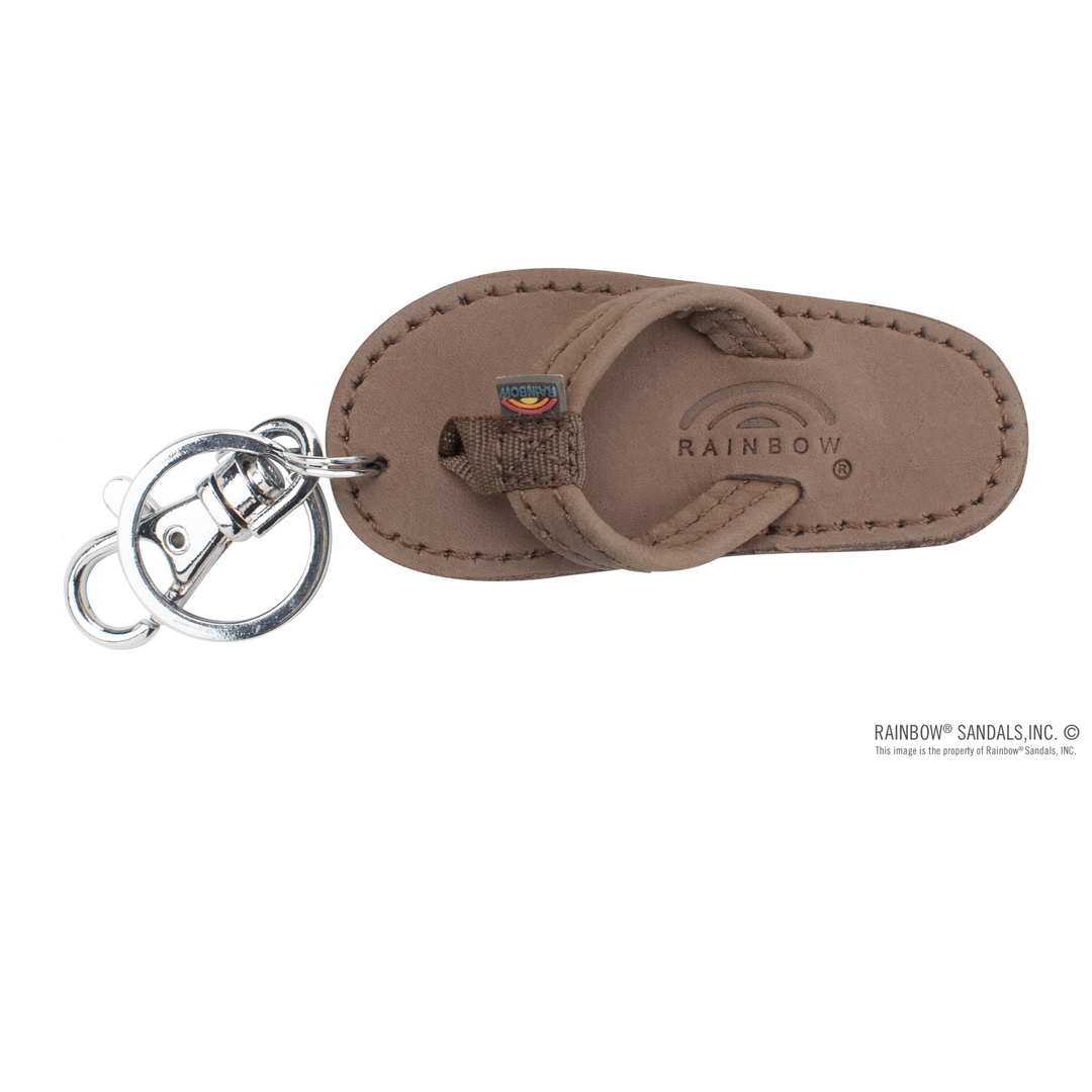 Brown sandal keychain with metal clasp on a white background