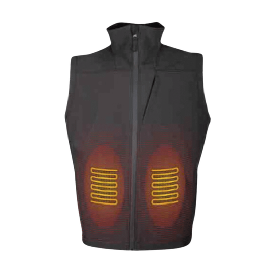 Black heated vest with visible heating elements on a white background