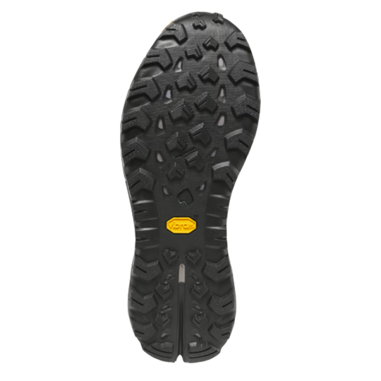black sole with yellow Vibram logo