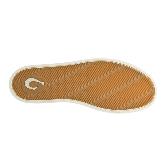 Brown shoe sole with a white logo on a white background