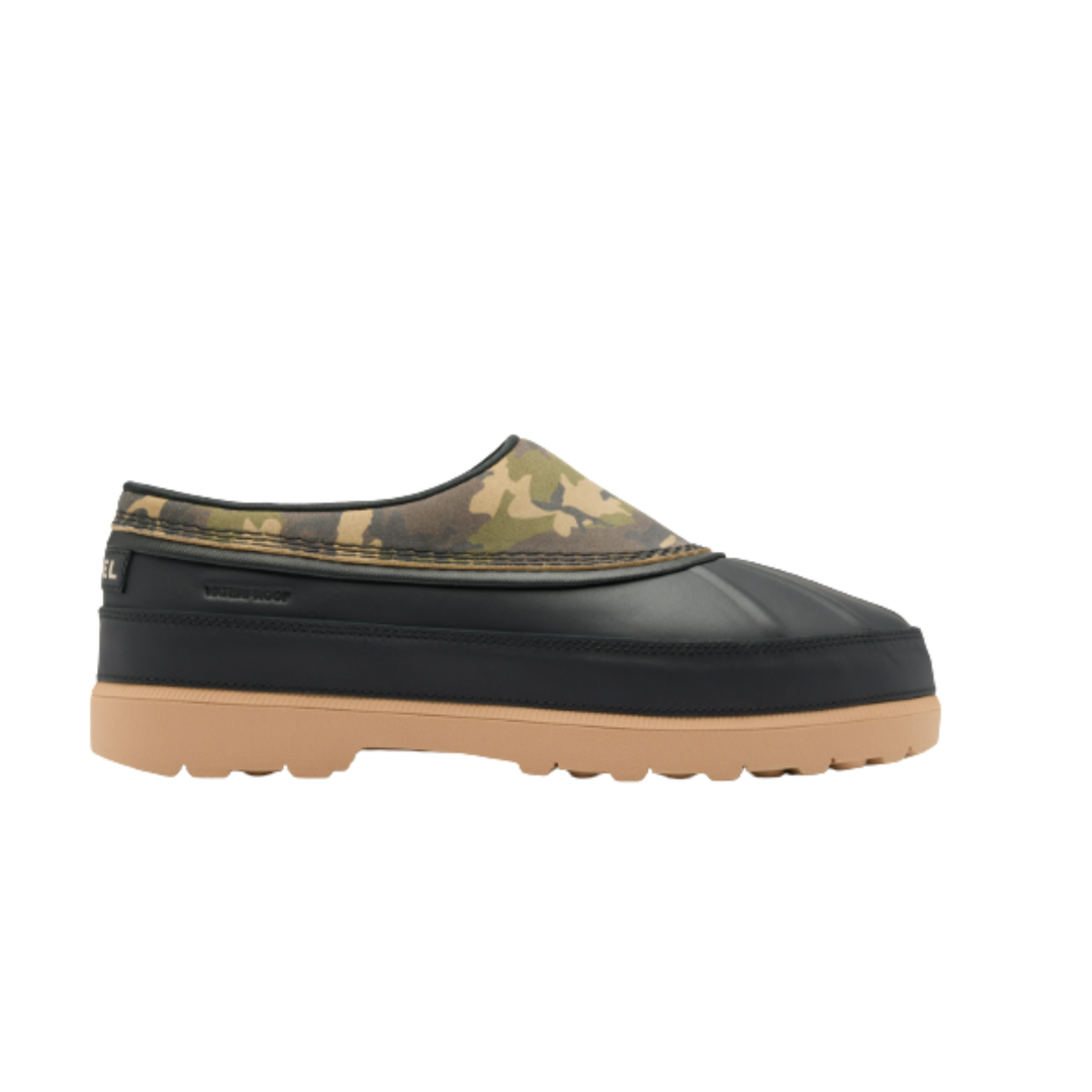 Black and camouflage slip-on shoe with a brown sole on a white background