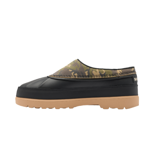 Black rubber shoe with camouflage pattern on a white background