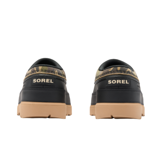 Black and brown Sorel shoes on a white background