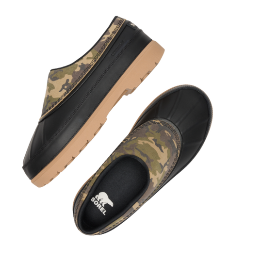 Black slip-on shoes with camouflage pattern and brown sole on a white background